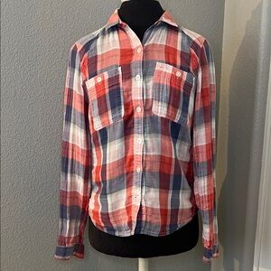 Eddie Bauer Red, Blue, and White Plaid Flannel Shirt 100% Cotton Size Small